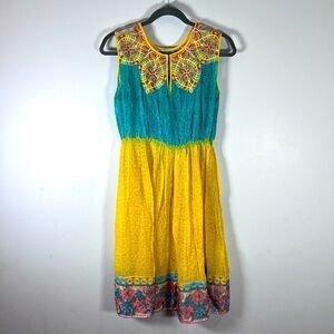 100% Silk Women’s sheer Multicoloured Sleeveless Embroidered Midi dress Size L